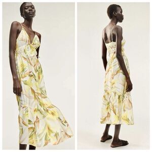H&M Strappy Midi Dress Womens Sz M Cream Floral Drawstring Detail